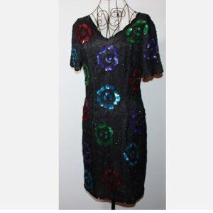 Silk Beaded Cocktail Dress Floral Sequin Party Vintage Back Zip Short Sleeve 4